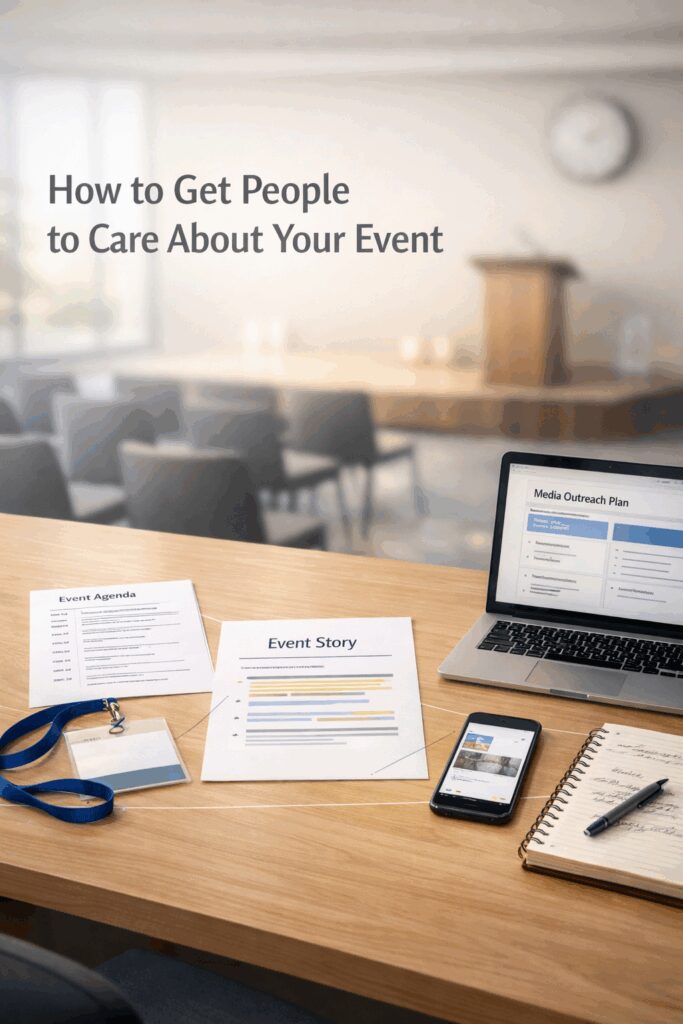 Conference table with event materials and media outreach tools representing how PR strategy and storytelling drive event visibility and media coverage | 1903 PR