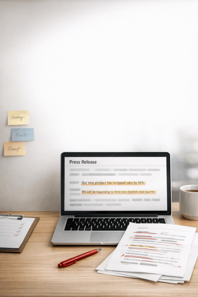 Press release draft marked up to remove corporate jargon and buzzwords, showing how clear language improves journalist engagement | 1903 PR