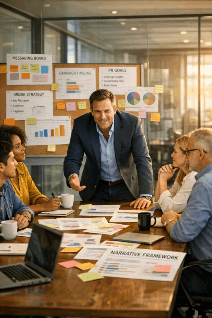 “Illustration of a company founder collaborating with a PR team to develop strategic messaging and increase executive visibility.”