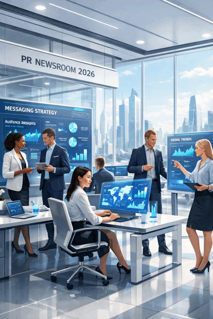 Illustration of the evolving 2026 PR landscape featuring journalists, AI tools, messaging frameworks, and communications strategists collaborating in a modern workspace.