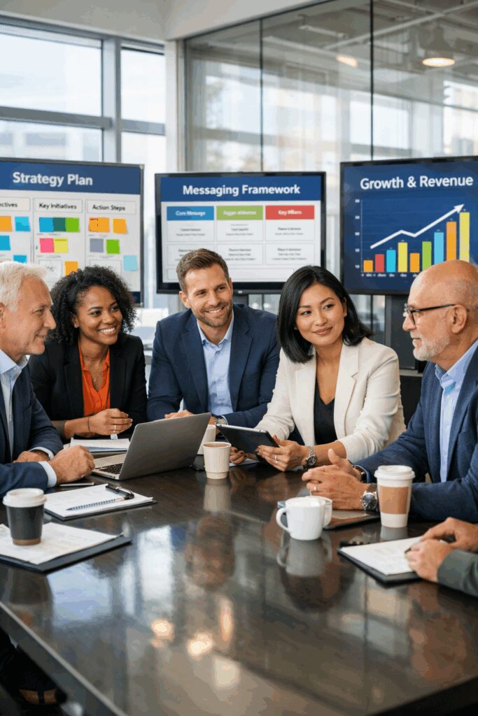 “Illustration of a leadership team reviewing strategic indicators that a brand is ready for PR, surrounded by planning boards and messaging frameworks.”
