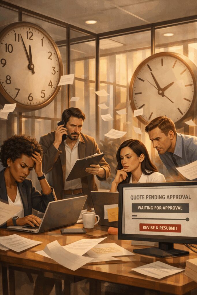 “Illustration of a PR team facing stalled approvals while media deadlines rapidly approach, symbolizing workflow bottlenecks.”