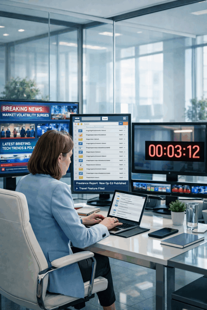 Communications professional reviewing media coverage and pitching reporters in a fast-paced digital newsroom environment where journalist relationships have evolved | 1903 PR