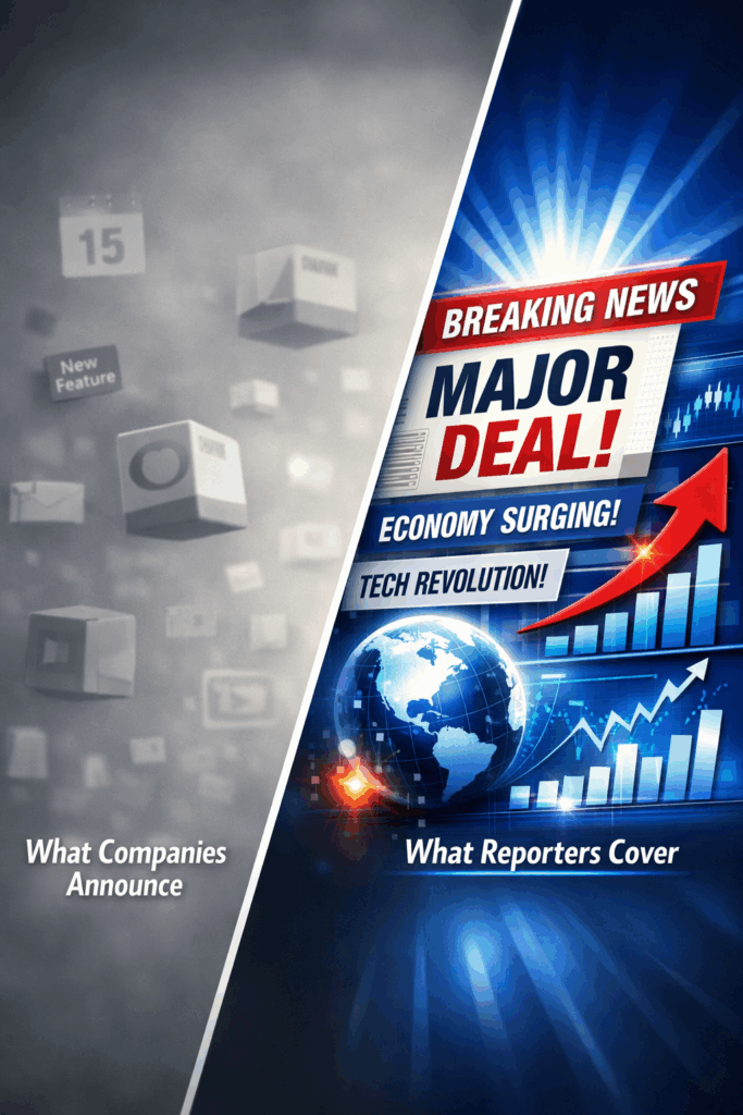 Conceptual illustration showing the difference between internal company announcements and truly newsworthy stories that journalists cover, highlighting impact, relevance, and media attention | 1903 PR