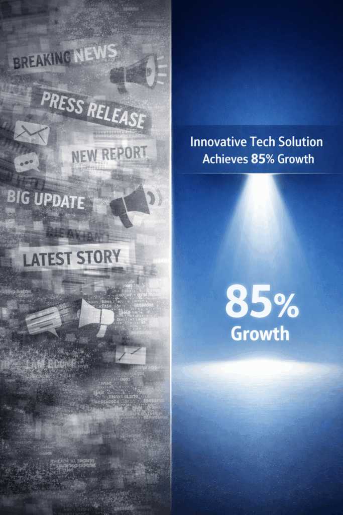 Conceptual illustration showing precision-driven PR cutting through media noise, highlighting targeted storytelling and strategic media outreach over mass pitching | 1903 PR