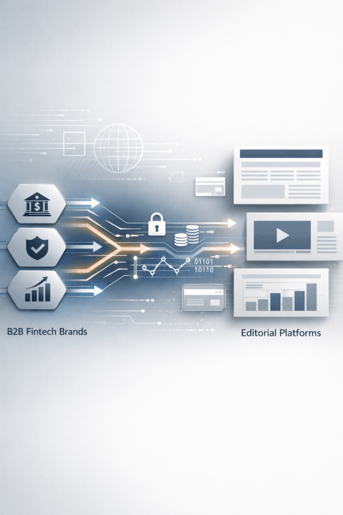 Conceptual illustration showing B2B fintech brands earning credibility through coverage in trusted financial services media outlets | 1903 PR