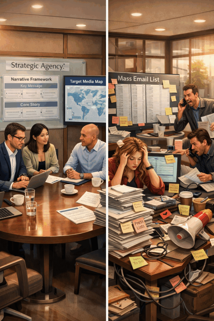 Illustration contrasting a strategic PR agency using narrative planning with a busy agency using mass pitching and disorganized tactics.