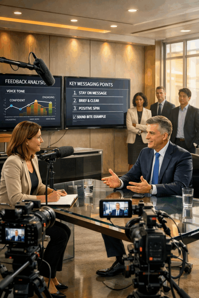 “Illustration of an executive practicing media interviews with a communications coach, surrounded by cameras, sound equipment, and messaging frameworks.”