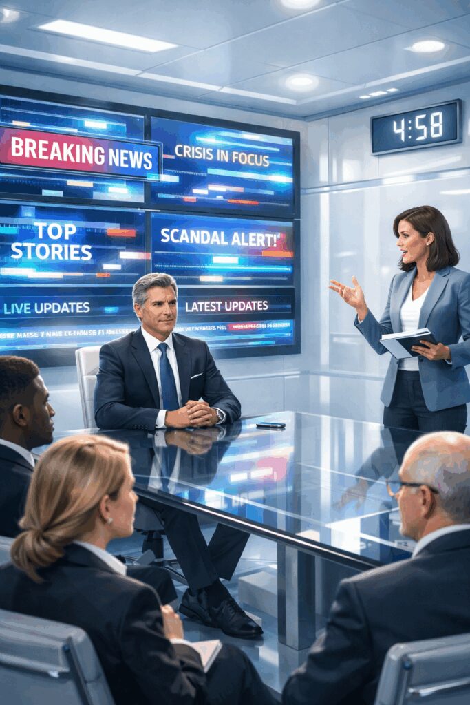 Illustration of an executive practicing media responses while screens show clipped soundbites representing modern media pressures