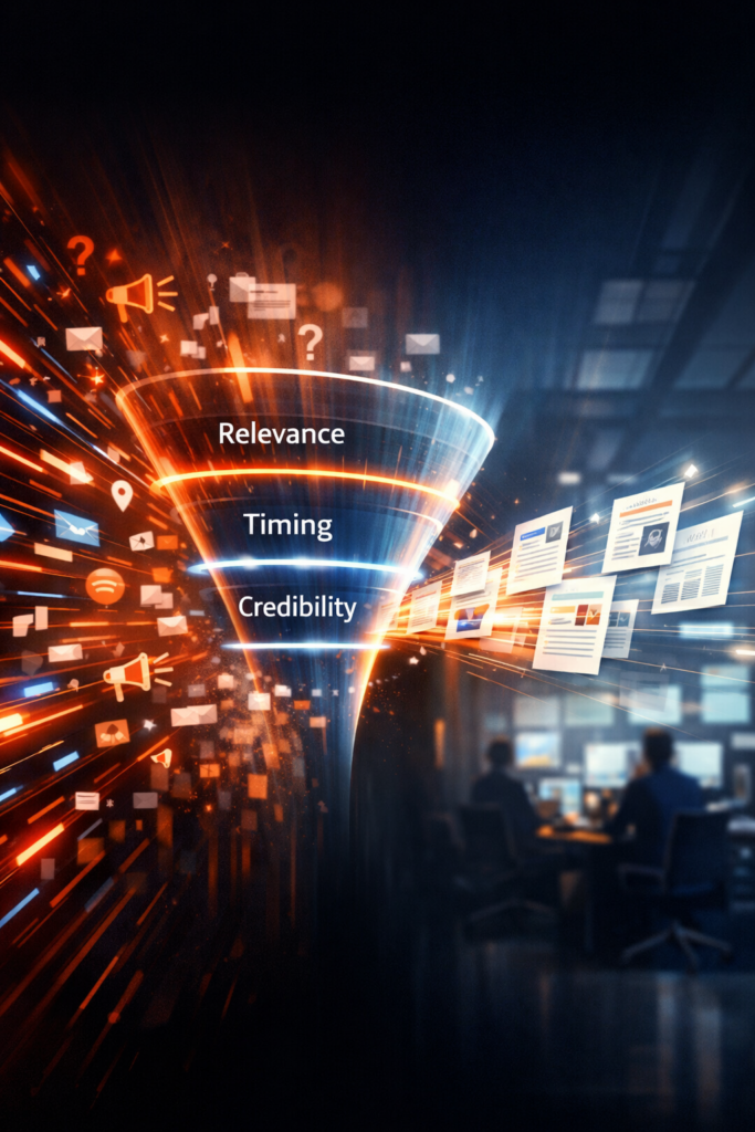 Conceptual illustration showing how journalists quickly evaluate PR pitches based on relevance, credibility, and usability under newsroom deadlines | 1903 PR