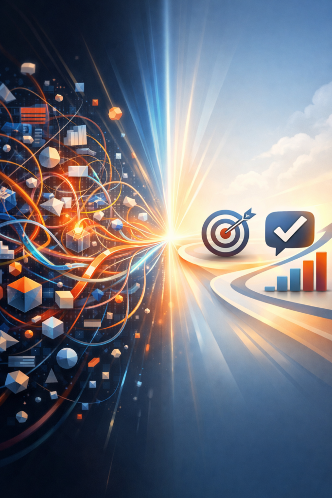 Conceptual illustration showing complex products becoming clear through strong messaging and narrative clarity rather than technical explanation | 1903 PR