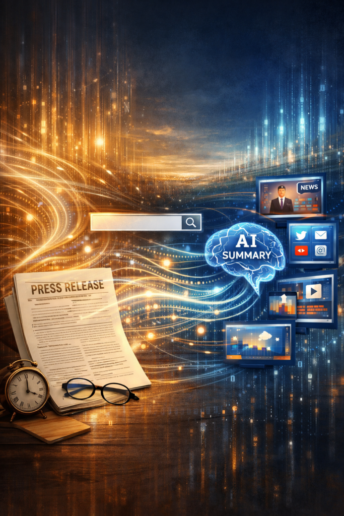Conceptual illustration showing modern press releases evolving into digital signals that support SEO, media coverage, and brand credibility | 1903 PR
