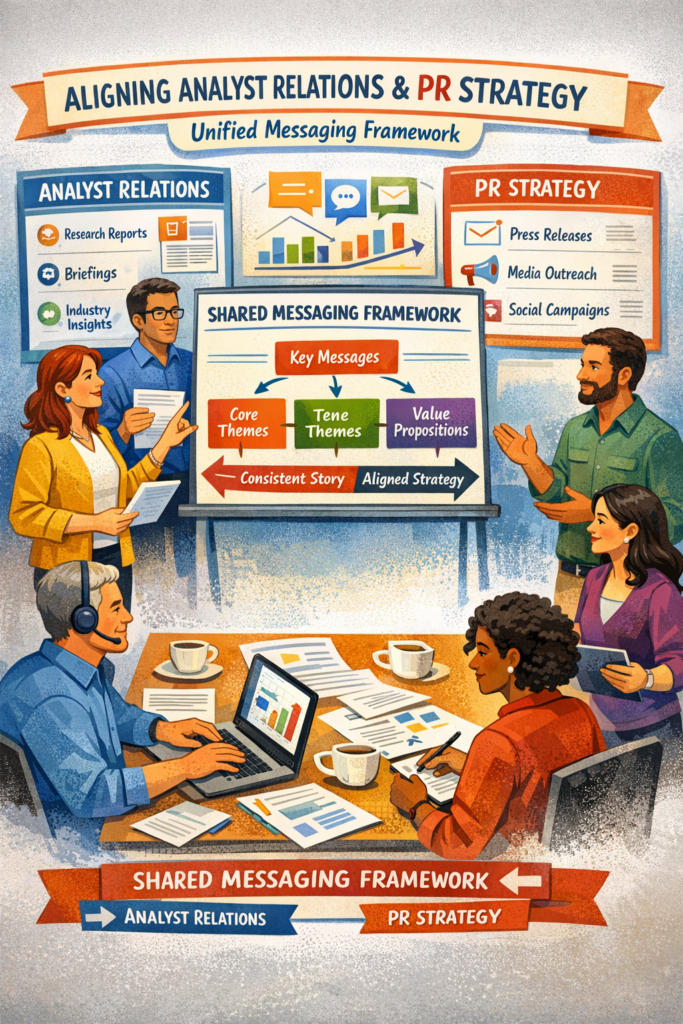 Conceptual illustration representing analyst relations and PR alignment, showing unified messaging strategy that strengthens industry credibility and media influence | 1903 PR