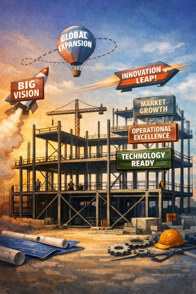 Conceptual illustration showing executives introducing ambitious narratives before operational readiness, symbolizing the risks of premature leadership messaging | 1903 PR