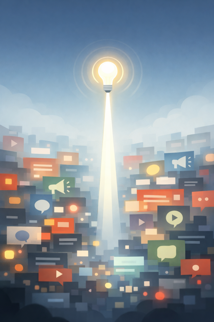 Conceptual illustration representing thought leadership strategy where expert insight rises above promotional messaging in public relations