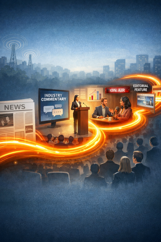 Conceptual illustration showing ongoing PR visibility through thought leadership, speaking, and media commentary between company announcements