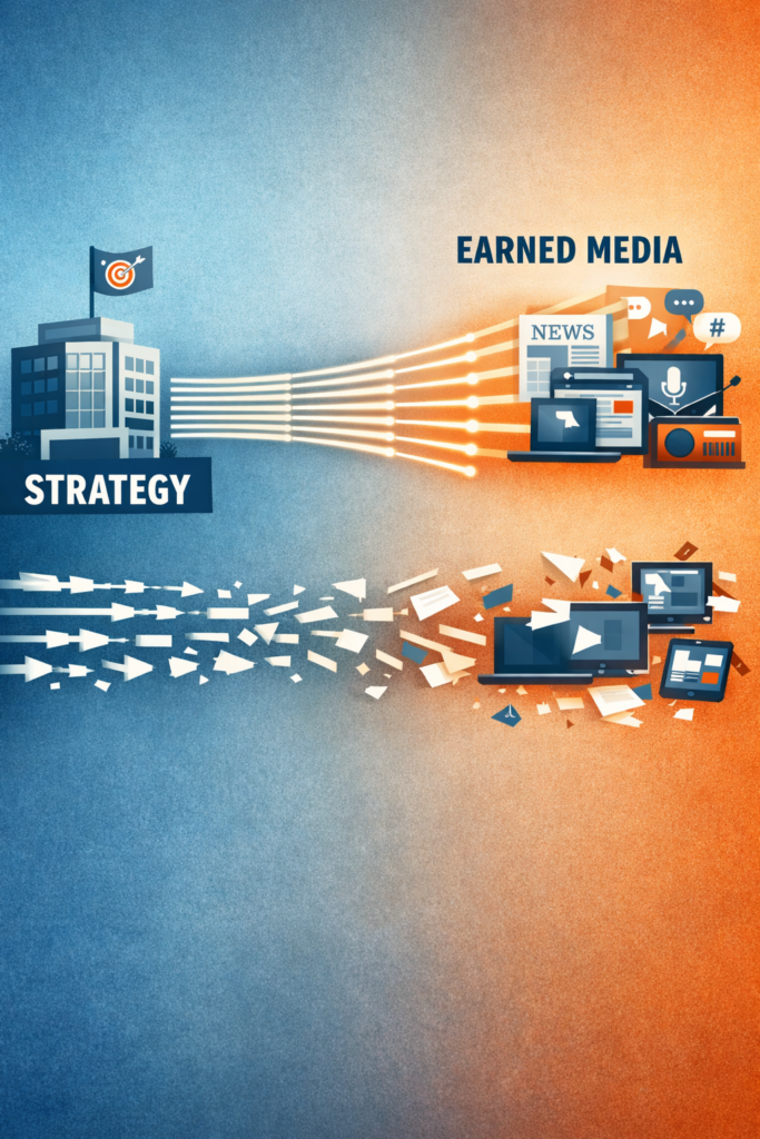 Conceptual illustration showing how go-to-market strategy creates consistent earned media coverage patterns