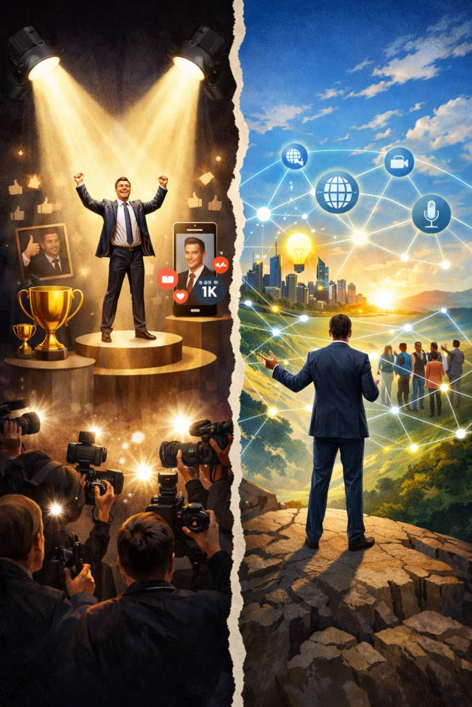 Conceptual illustration showing the difference between executive visibility and self-promotion in leadership communications