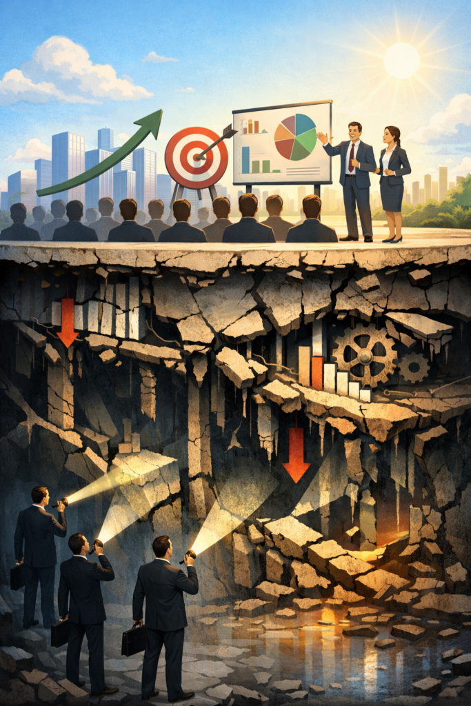 Conceptual illustration showing hidden narrative gaps investors identify beneath public company messaging