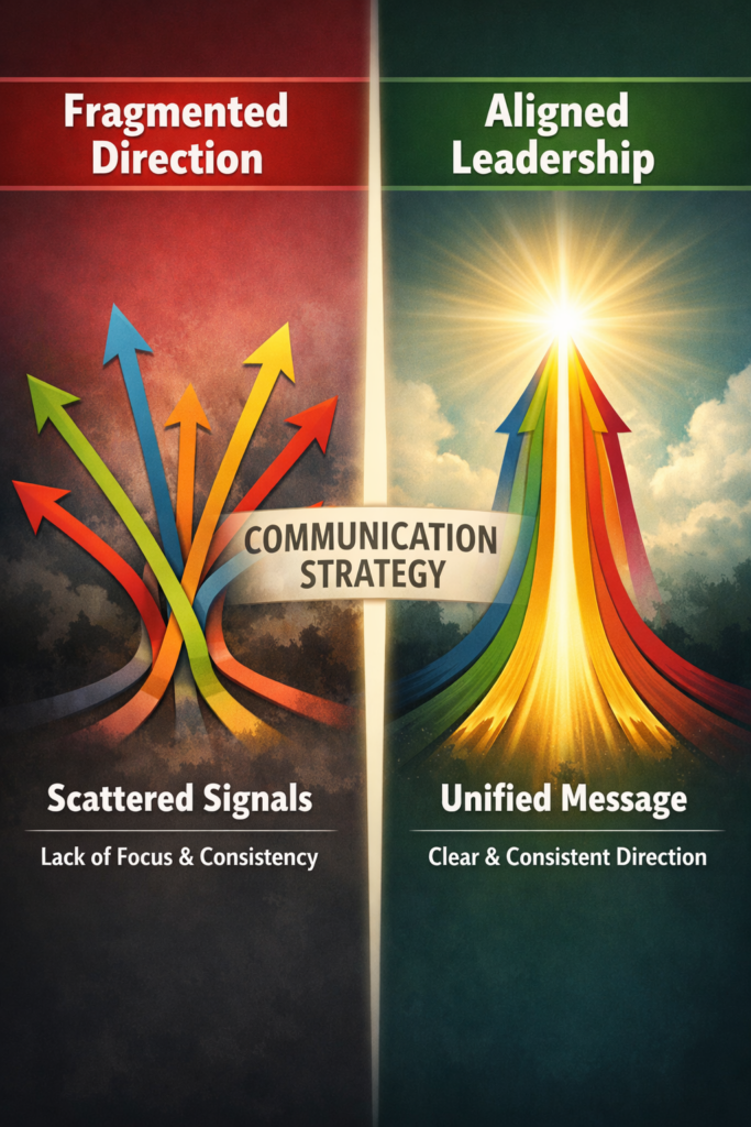 Conceptual illustration showing leadership communication alignment through a unified messaging strategy