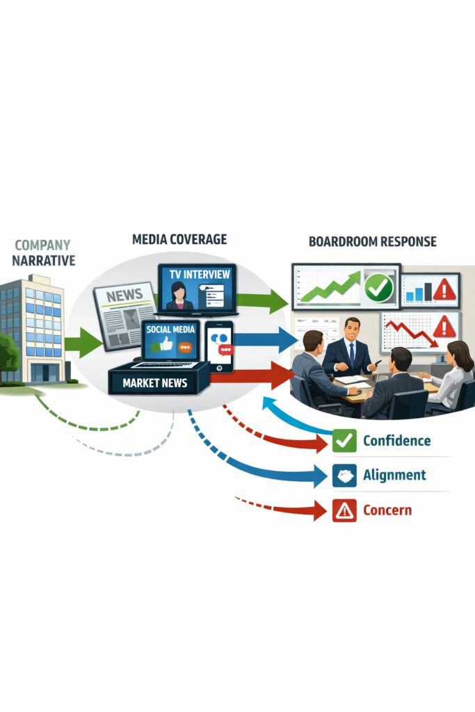 Conceptual illustration showing how earned media influences boardroom confidence and executive perception