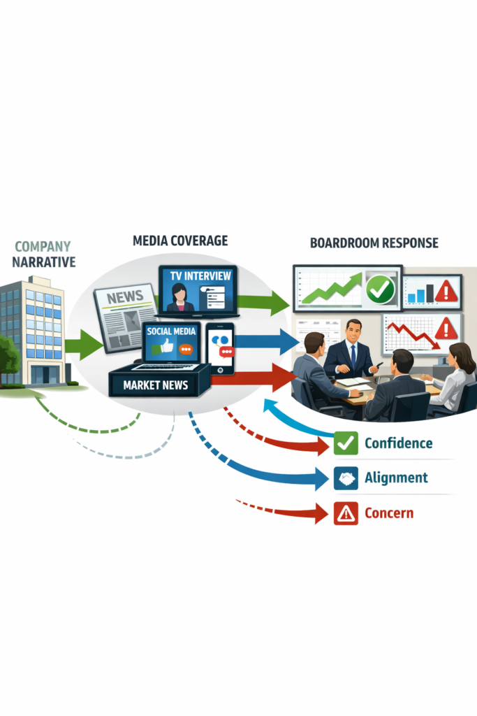 Conceptual illustration showing how earned media influences boardroom confidence and executive perception