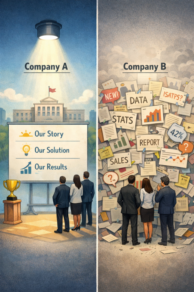 Conceptual illustration showing how strong storytelling helps companies win industry awards over competitors with similar performance