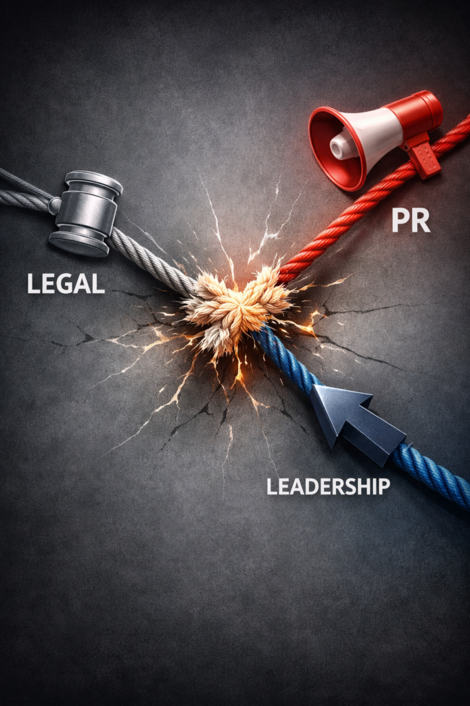 Conceptual illustration showing tension between legal, PR, and leadership messaging creating communication conflict