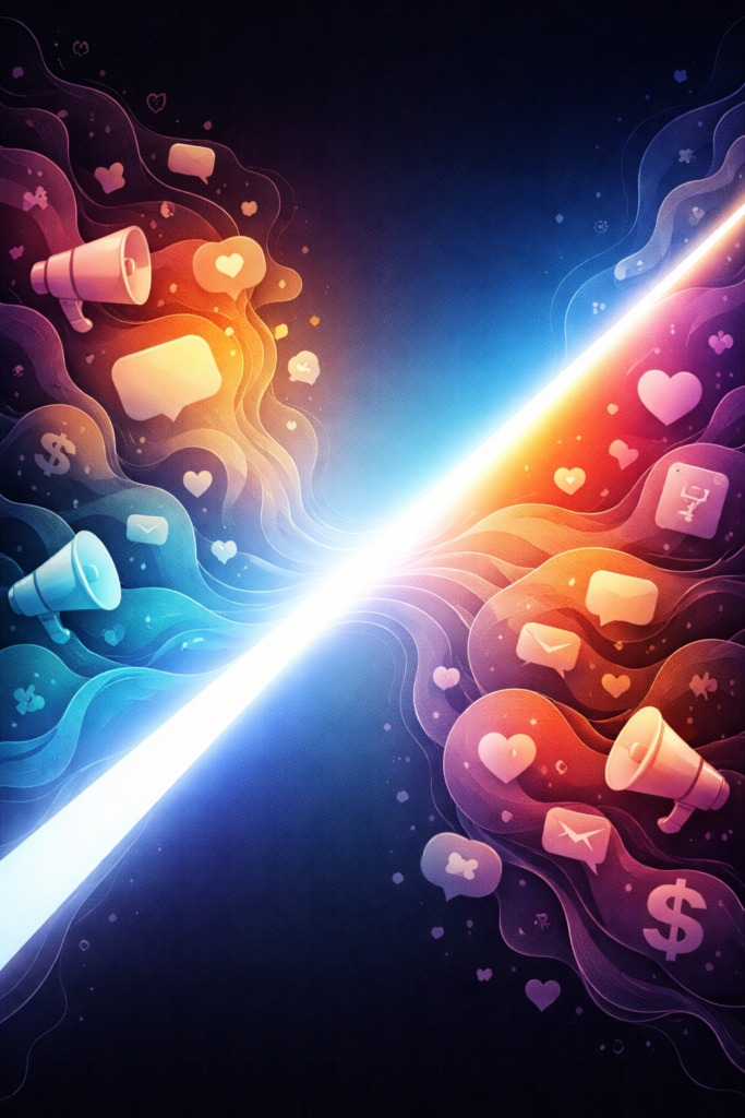 Conceptual illustration showing earned media cutting through noise to build brand credibility