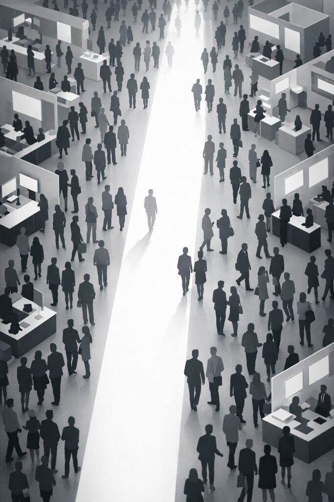 Conceptual illustration of standing out at a crowded industry conference using strategic PR and media outreach