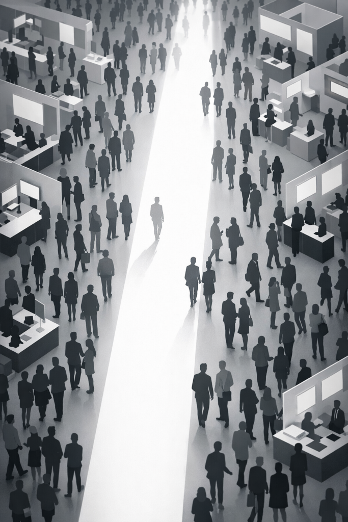 Conceptual illustration of standing out at a crowded industry conference using strategic PR and media outreach