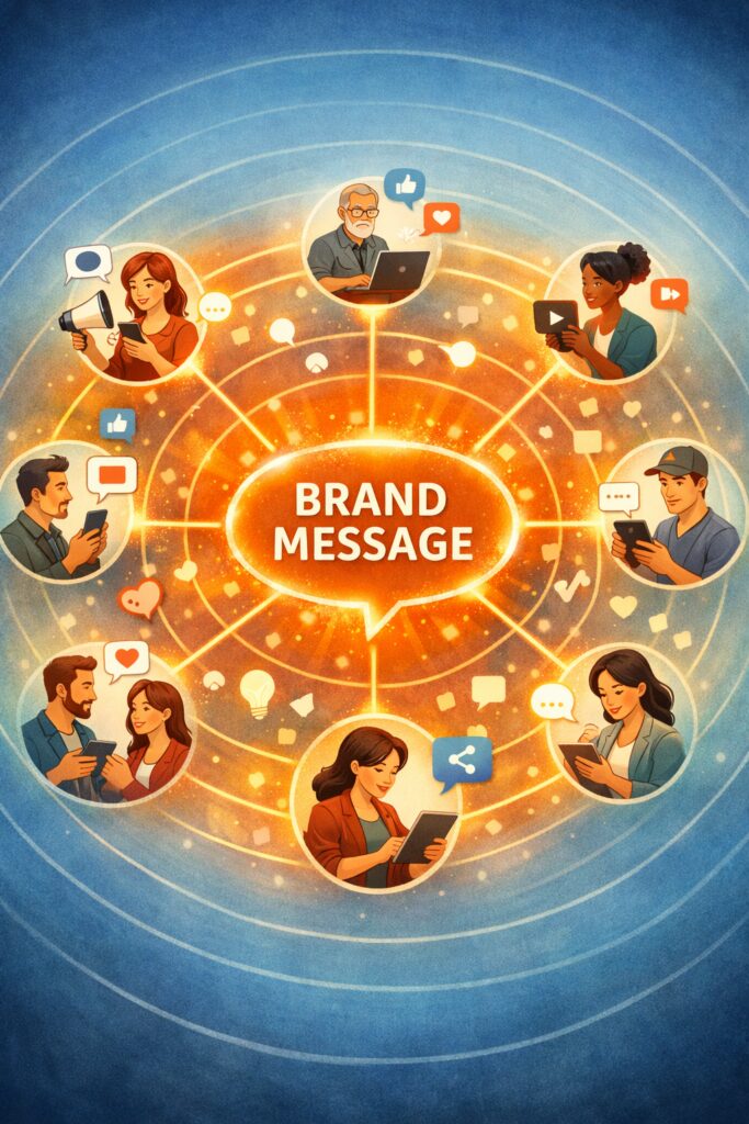 Conceptual illustration of employees amplifying company messaging through authentic social media engagement