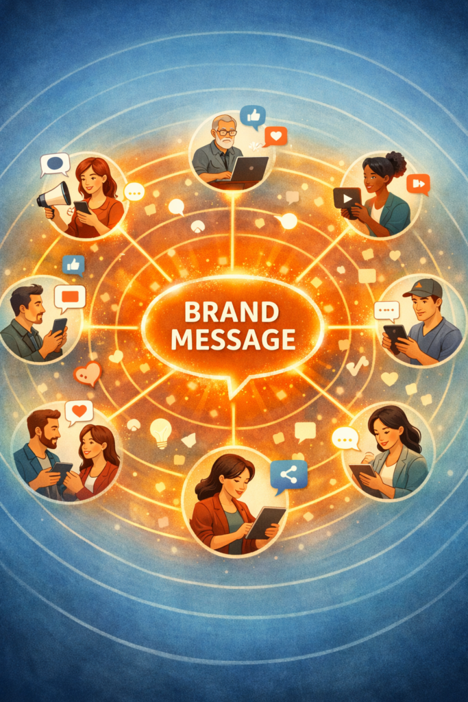 Conceptual illustration of employees amplifying company messaging through authentic social media engagement