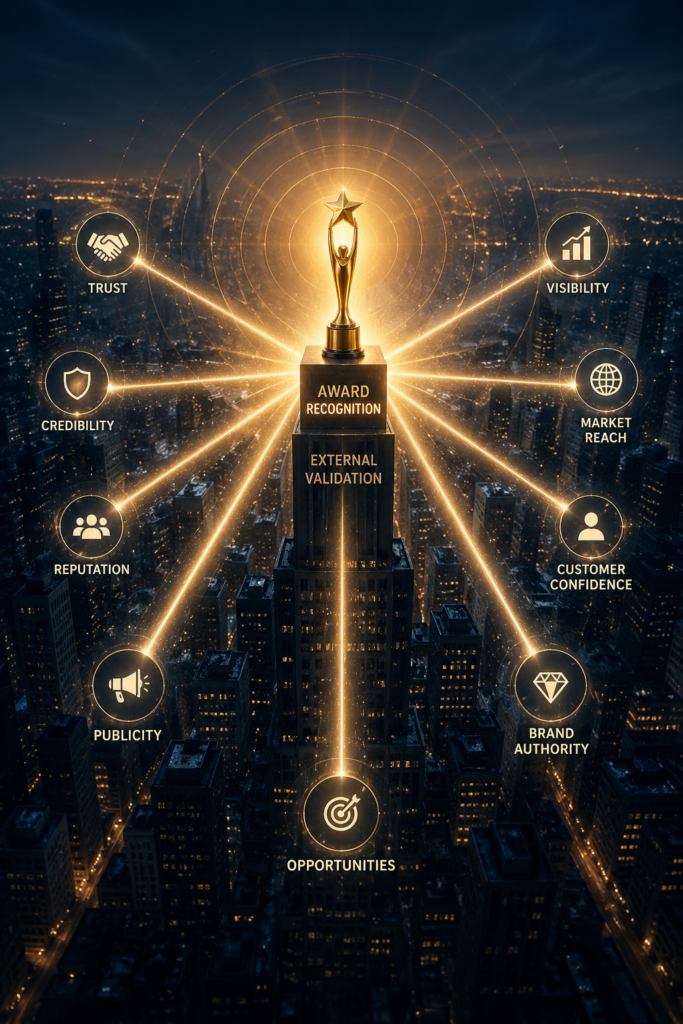 Conceptual illustration of awards acting as a signal of credibility and brand authority in PR strategy