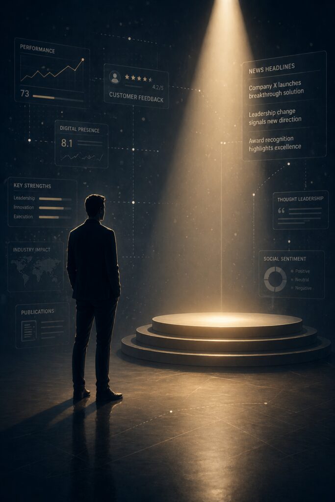 Conceptual illustration of journalists evaluating a company’s credibility before a media interview