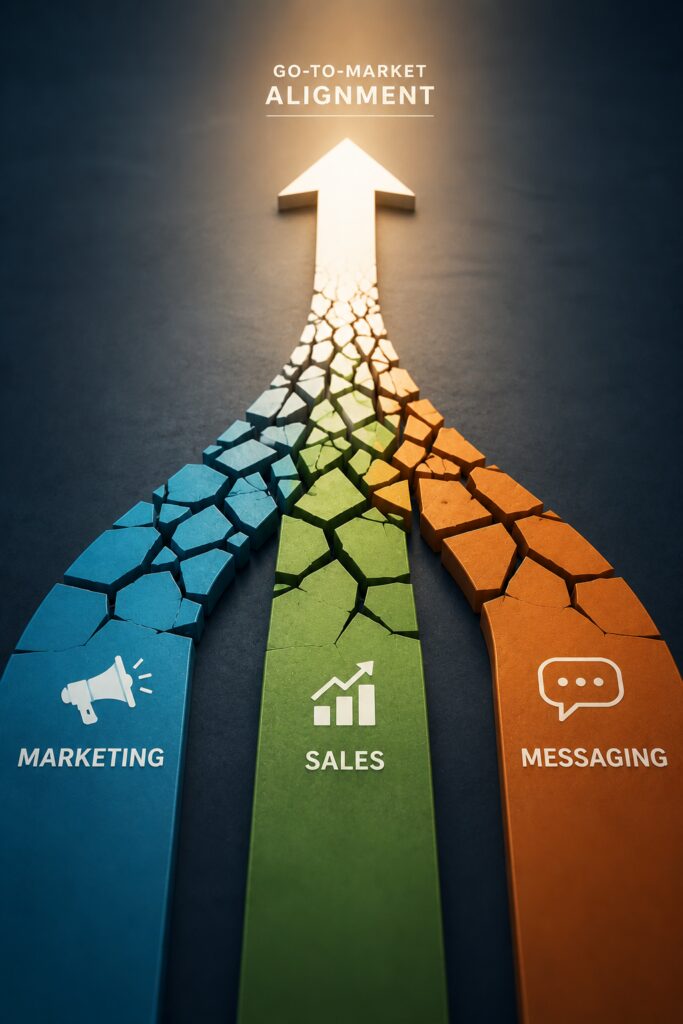 Conceptual image showing how a clear go-to-market story aligns marketing, sales, and product messaging