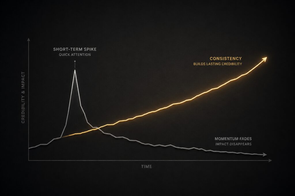 Conceptual image showing why consistent media strategy builds credibility over time compared to short-term momentum
