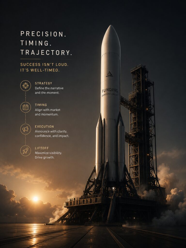 Conceptual image of startup funding announcement as a rocket launch representing growth and momentum