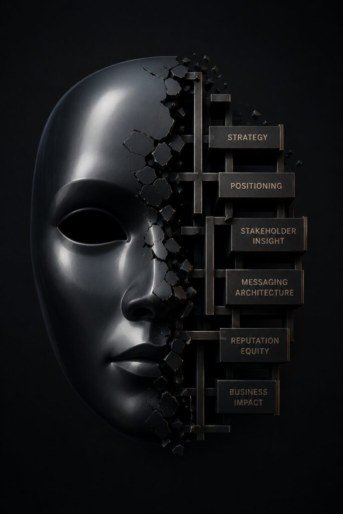 Conceptual image showing contrast between superficial PR promises and real strategic communications foundation