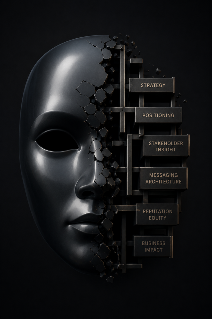 Conceptual image showing contrast between superficial PR promises and real strategic communications foundation