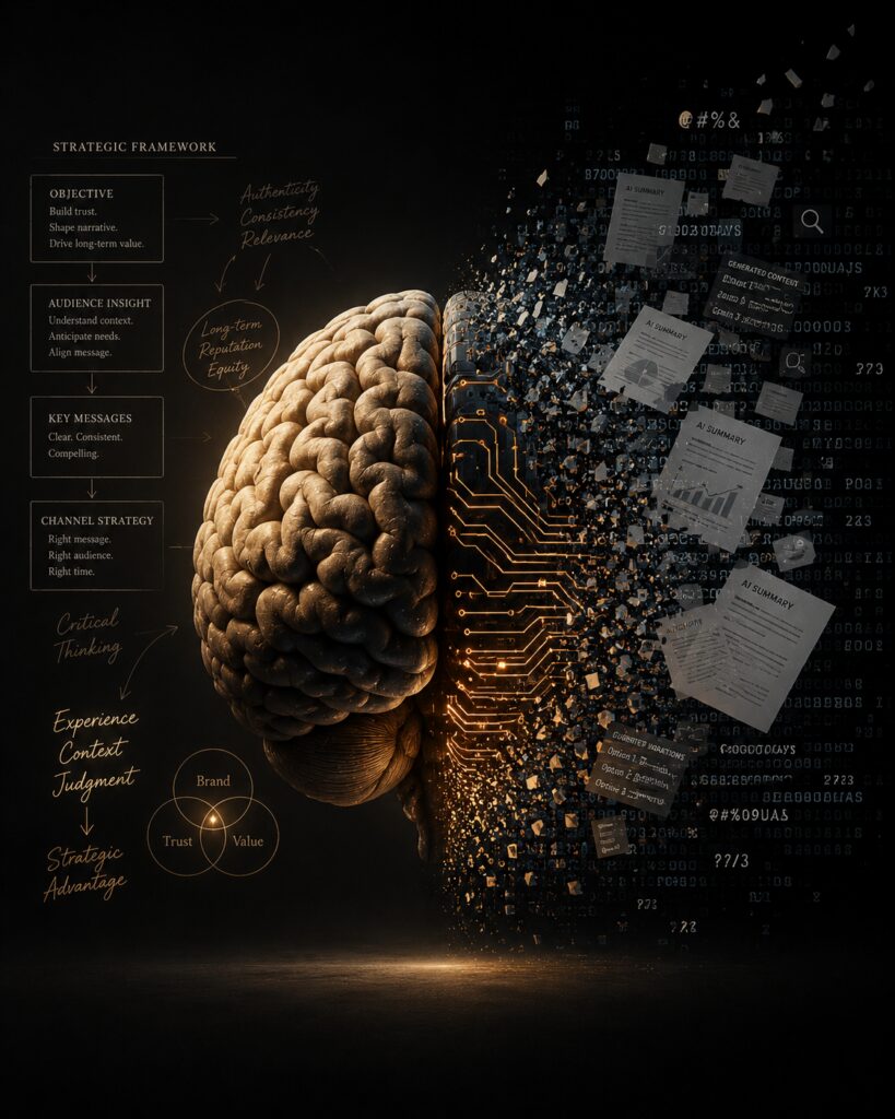 Conceptual editorial illustration showing human strategic thinking being gradually replaced by artificial intelligence automation, symbolizing the risks of overreliance on AI in enterprise leadership, marketing, and communications.