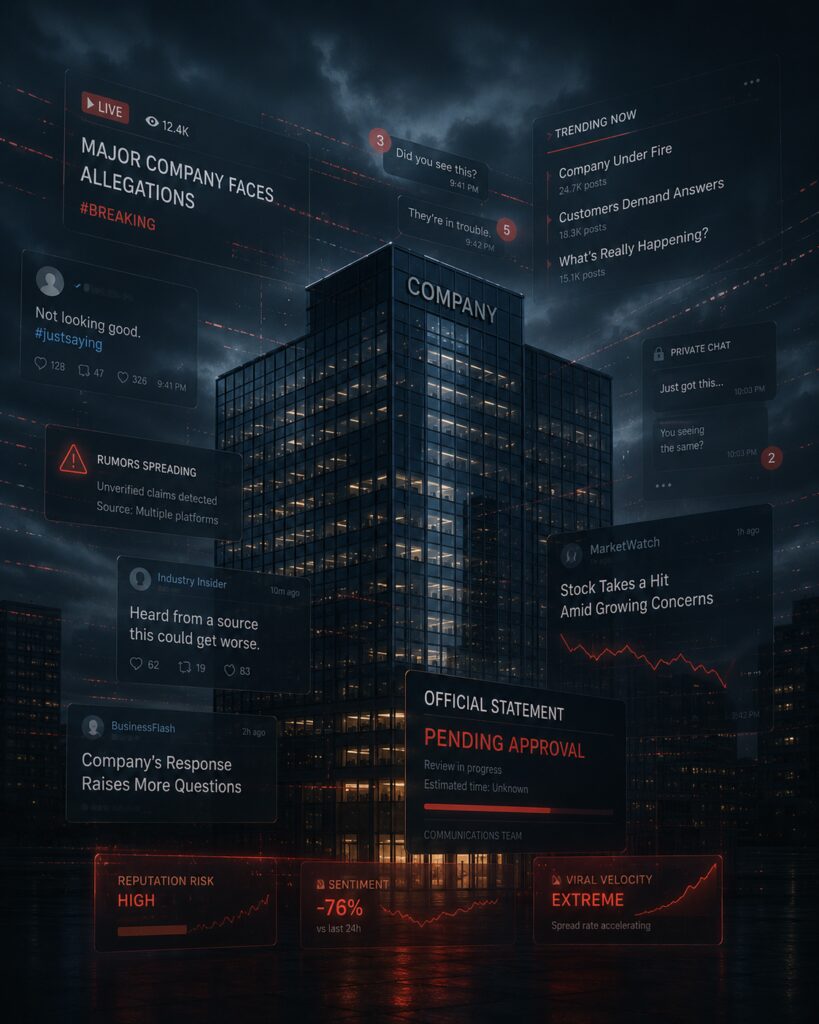Fragmented digital media channels accelerating corporate crisis narratives across social platforms, private messaging networks, and online commentary during a modern reputation management event | 1903 PR