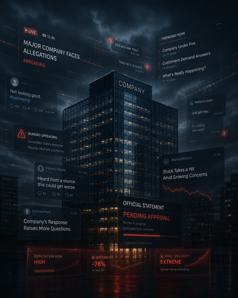 Fragmented digital media channels accelerating corporate crisis narratives across social platforms, private messaging networks, and online commentary during a modern reputation management event | 1903 PR