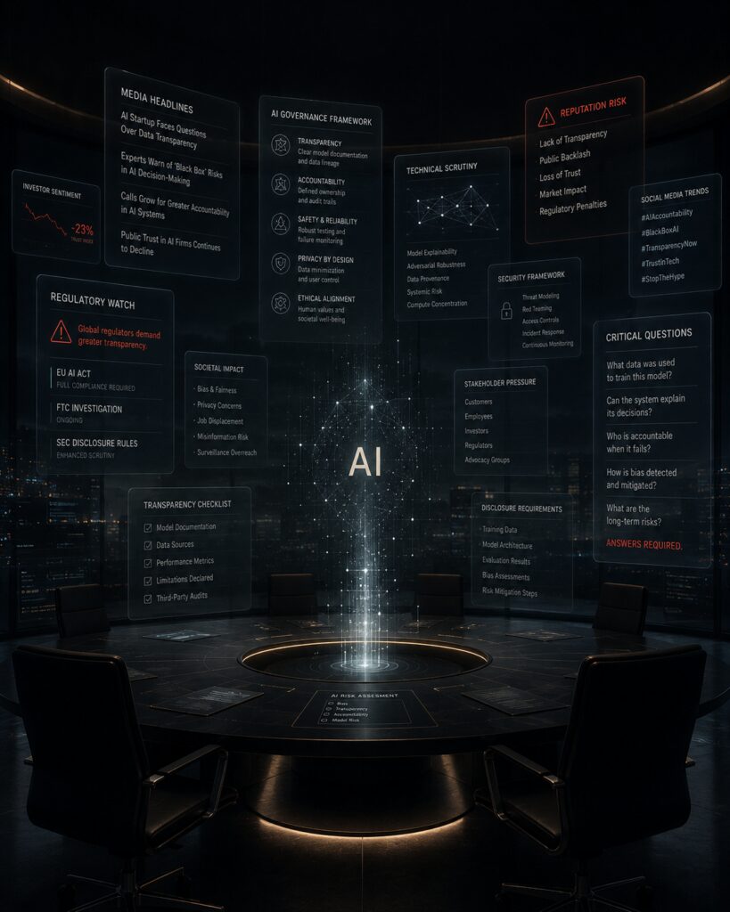 Artificial intelligence governance, media scrutiny, and executive accountability visualized through floating regulatory frameworks and digital oversight systems surrounding enterprise AI technology | 1903 PR