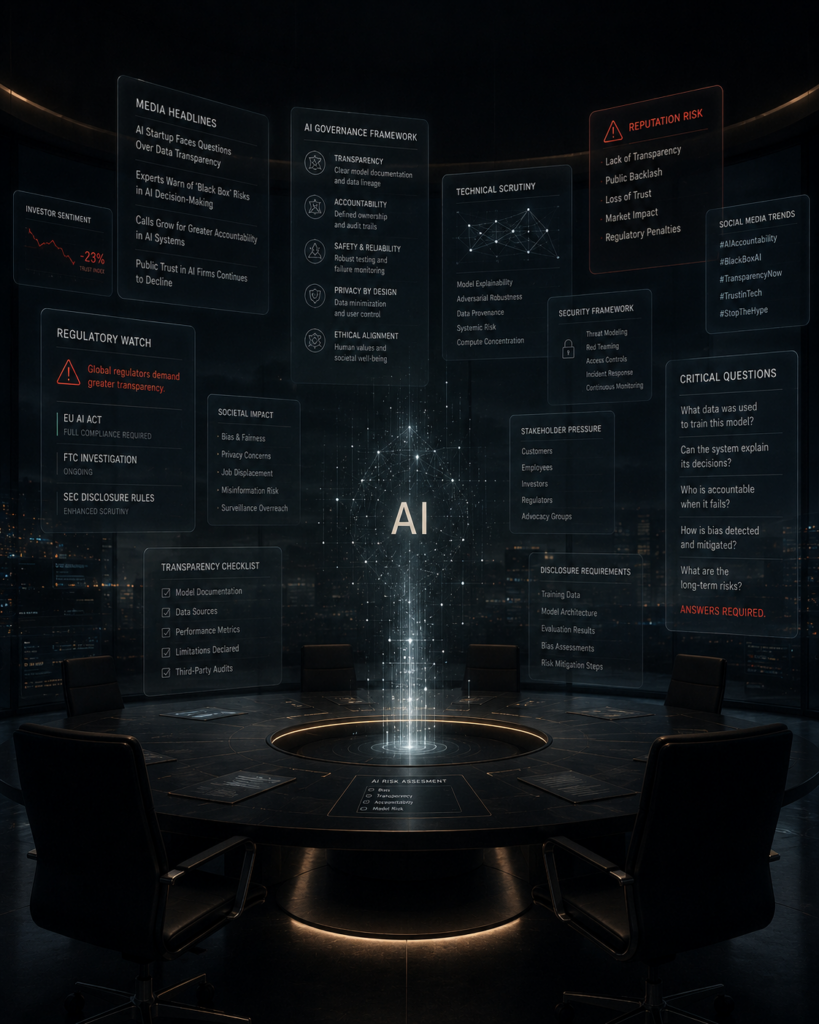 Artificial intelligence governance, media scrutiny, and executive accountability visualized through floating regulatory frameworks and digital oversight systems surrounding enterprise AI technology | 1903 PR