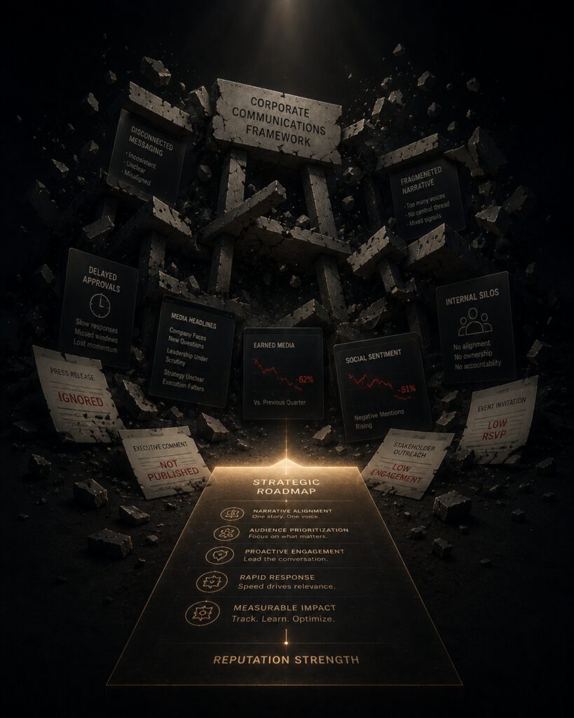 “Strategic communications breakdown visualized through fragmented messaging, delayed approvals, and disconnected media outreach impacting public relations performance and narrative alignment | 1903 PR”
