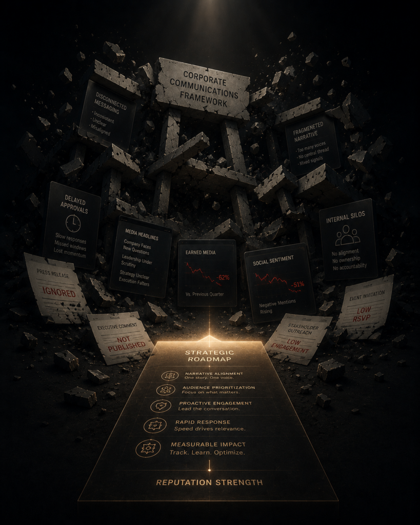 “Strategic communications breakdown visualized through fragmented messaging, delayed approvals, and disconnected media outreach impacting public relations performance and narrative alignment | 1903 PR”