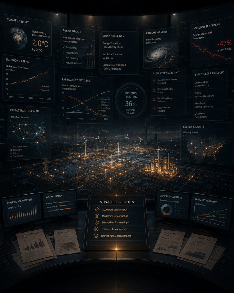 Energy and climate communications strategy visualized through policy documents, renewable infrastructure systems, emissions data, and media scrutiny surrounding corporate sustainability narratives | 1903 PR