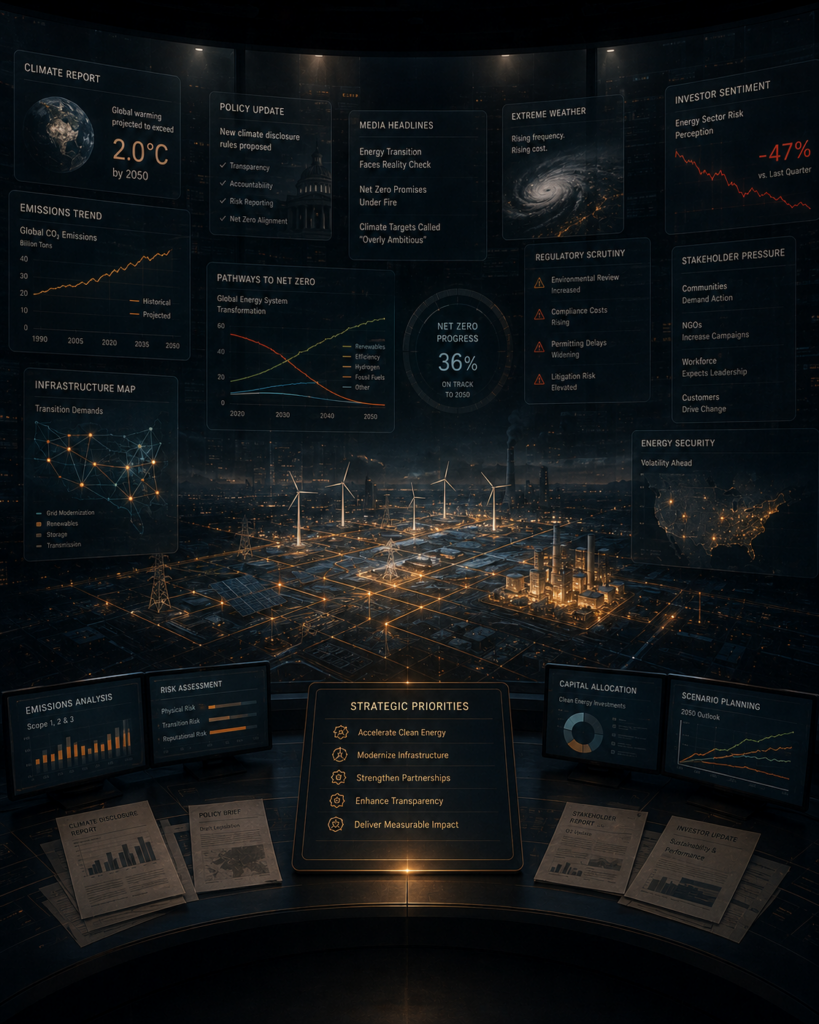 Energy and climate communications strategy visualized through policy documents, renewable infrastructure systems, emissions data, and media scrutiny surrounding corporate sustainability narratives | 1903 PR