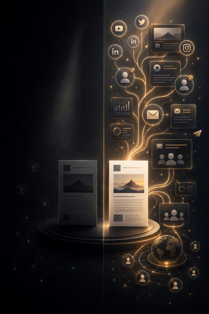 Earned media amplification strategy visualized through media coverage extending across LinkedIn, social media, newsletters, and executive communications to maximize public relations value and visibility | 1903 PR
